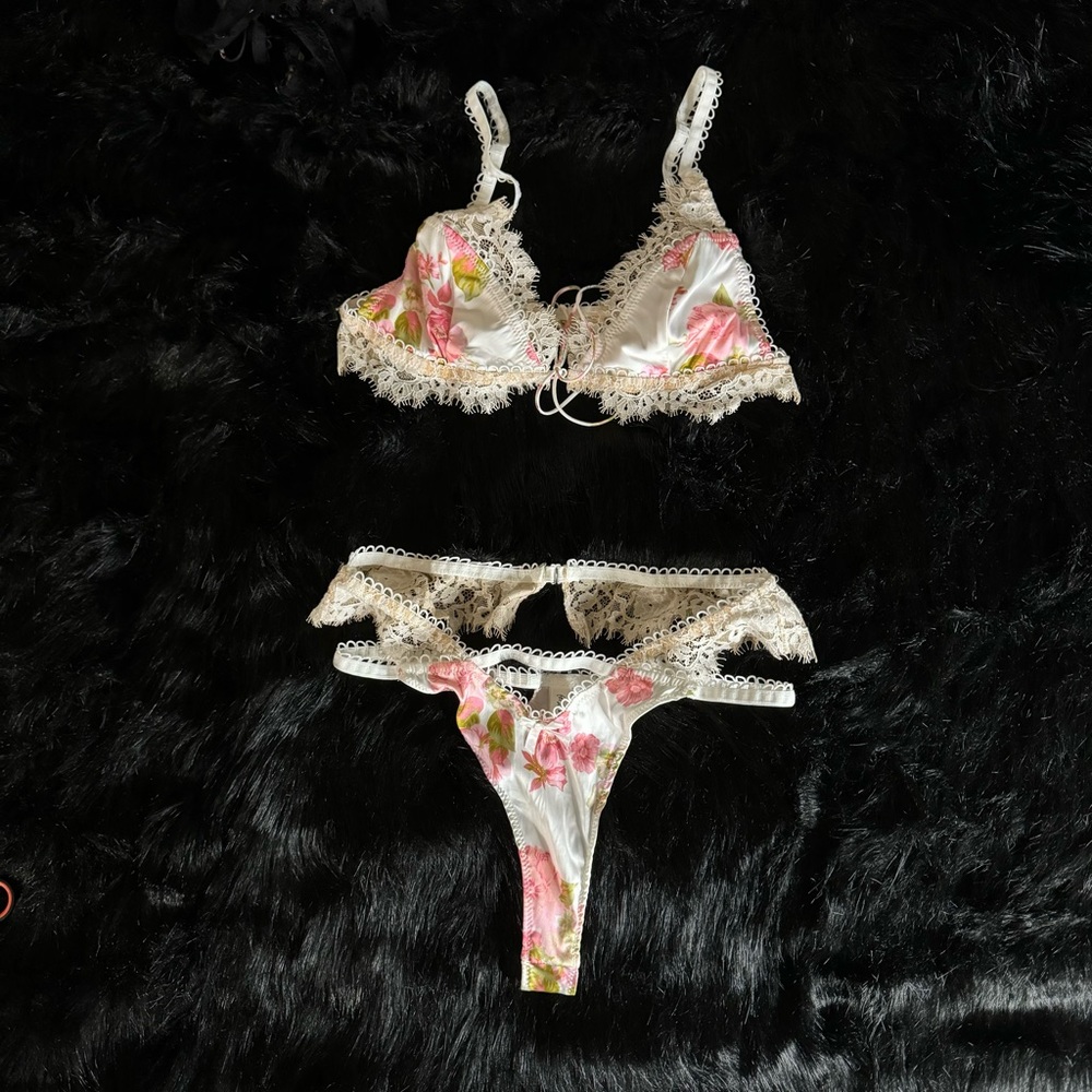 For Love and Lemons Victorias Set Floral Lace Cream Lingerie Set